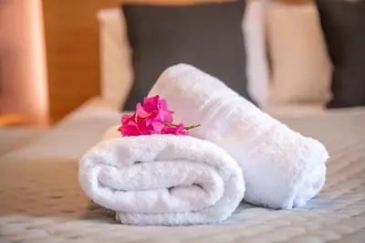 a white towel with a flower on a bed at Alexandros Luxury House in Falasarna