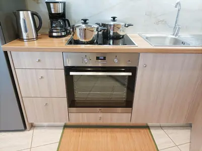 a kitchen with a stove and a sink at Amelie Apartment in Palaiochóra