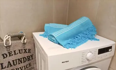 a washing machine with a towel on top of it at Amelie Apartment in Palaiochóra