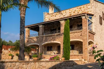 a building with palm trees in front of it at Giovanta Villa in Kondomari
