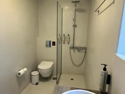 a bathroom with a shower and a toilet at Tholos Cottage in Stérnai