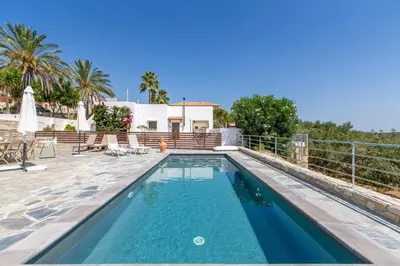 a swimming pool in a villa with palm trees at Villa Daya in Darmarochori