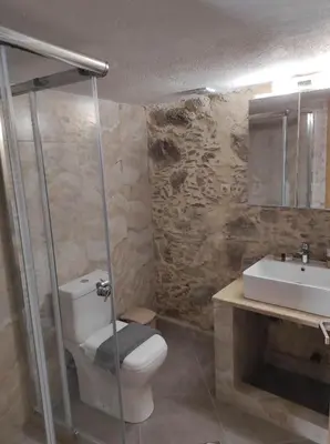 a bathroom with a toilet and a sink at Alexander's cottage in Límni