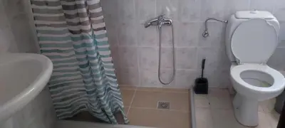 a bathroom with a toilet and a shower curtain at Chania Luxury Apartments in Chania Town