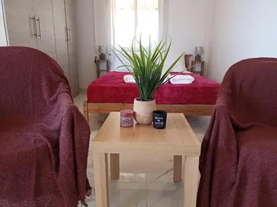 a room with two beds and a table with a plant at Chania Mini Villas in Skinés