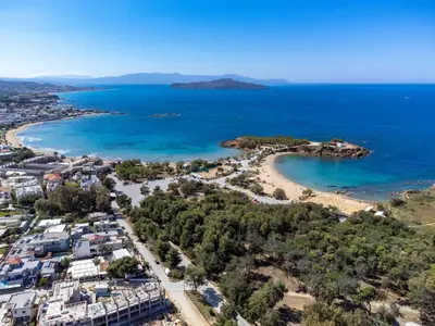 an aerial view of a beach and the ocean at Villa Meltemi in Daratso