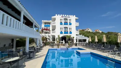 a view of the hotel from the swimming pool at Folia Apartments Chania in Agia Marina Nea Kydonias