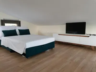 a bedroom with a bed and a flat screen tv at Olive and Aloe Villas in Nomikianá