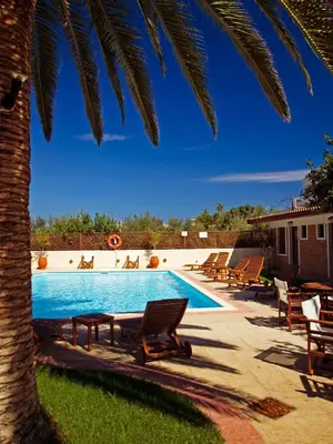 a swimming pool with lounge chairs and a palm tree at Kissamos Hotel in Kissamos