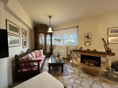 a living room with a couch and a fireplace at Ammos Beachfront House by 8essentially in Kato Daratso