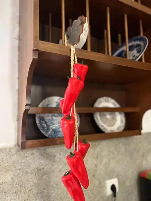 a group of red peppers hanging from a shelf at Ammos Beachfront House by 8essentially in Kato Daratso