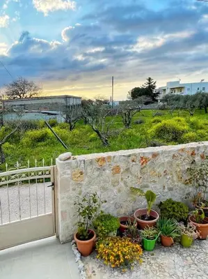 a stone wall with potted plants next to a fence at Kathiana cozy apartment in Kathiana