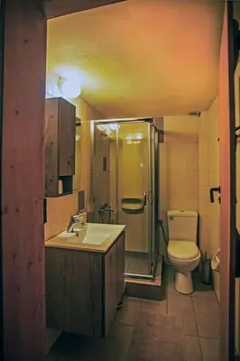 a bathroom with a shower and a sink and a toilet at Villa Polirinia in Kissamos