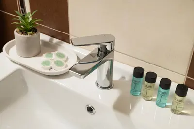 a bathroom sink with two bottles of cosmetics on it at The Cozy Nook in Chorafakia