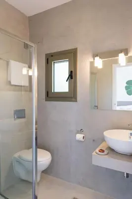 a bathroom with a sink and a toilet and a mirror at Villa Olvía in Sfakiá