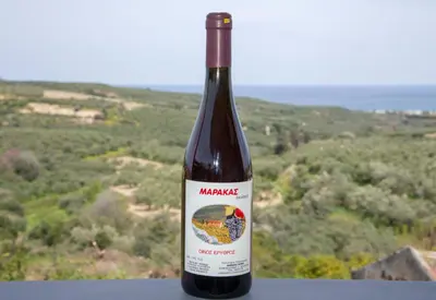a bottle of red wine sitting on a table at Marakas Winery Family House in Xamoudhokhórion