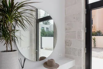 a mirror on a wall next to a plant at Perla Dream Luxury Villa in Chania Town
