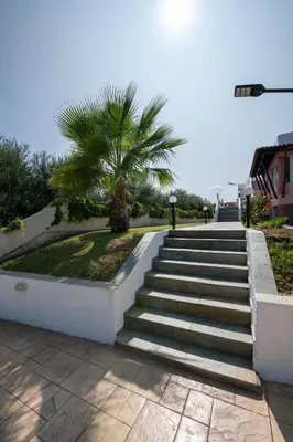 a set of stairs with a palm tree in the background at Eleni Residence by the sea in Ropanianá