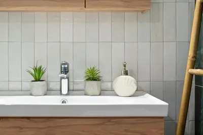 a bathroom sink with three plants on it at Georginas home in city center in Chania Town