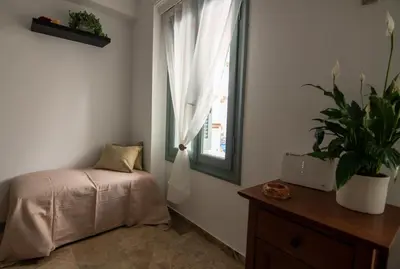 a bedroom with a potted plant and a window at Casa Bollani - Old Town Chania House in Chania Town