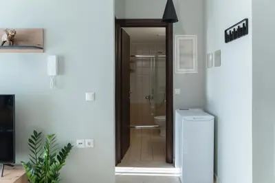 a bathroom with a walk in shower and a toilet at Dejaview cozy apartment by 8essentially in Chania Town