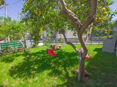 a swing in an orange tree in a yard at Lampros house in the countryside in Chania Town