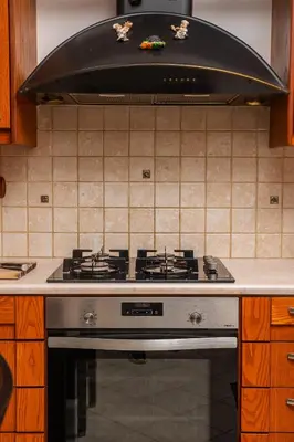 a stove top oven with a hood in a kitchen at Agnadia Villa in Stalos